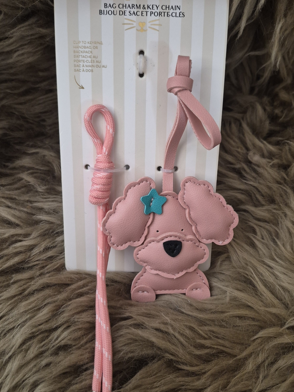 Kids Pink Puppy Bag Charm with Teal Star Accent - Cute Keychain Accessory